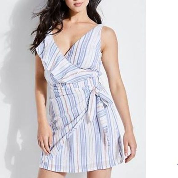 Guess Laguna White Metallic Stripe Wrap Flounce Bodice Mini Dress‎ - Picture 4 of 10
